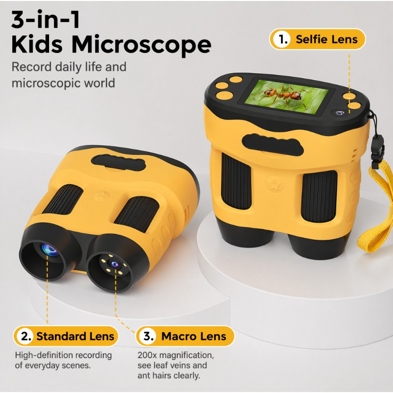 Kids Toys Top View - กล้องจุลทรรศน์ดิจิตอล 4K 1000X สำหรับเด็ก มองเห็นระยะไกล พร้อมหน้าจอ