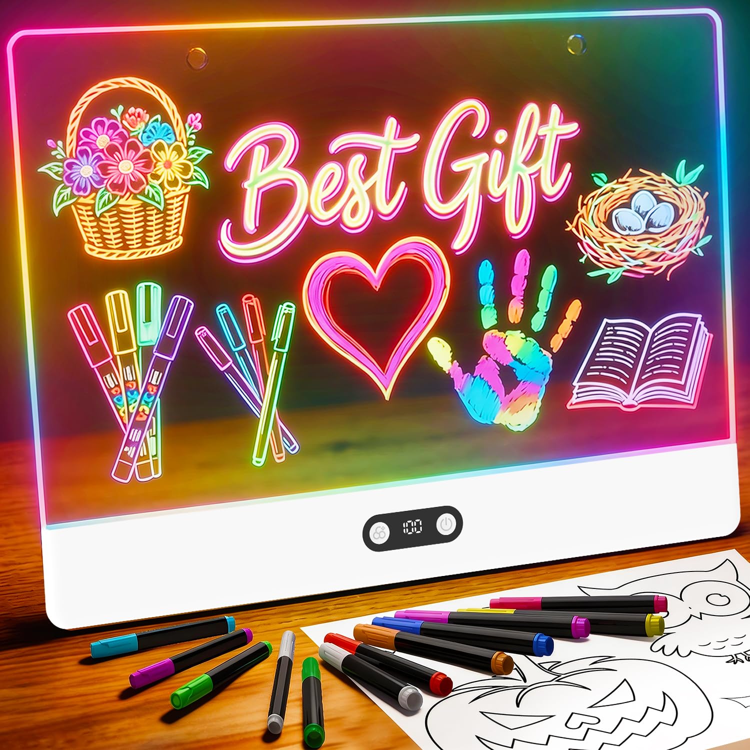 Kids Toys Drawing - กระดานวาดภาพ LED แบบชาร์จไฟได้สำหรับเด็ก, กระดานโน้ต LED แบบลบได้ขนาด