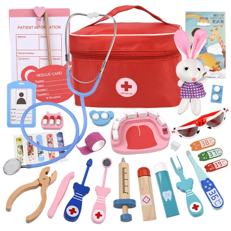 Kids Toys Doctor Set - หมอของเล่นเด็กชุดเด็กแกล้งทําเป็นเล่นชุดเกมสําหรับเด็กผู้หญิงสีแดงทันตแพทย์ทางการแพทย์กล่องยาผ้ากระเป๋าของขวัญ