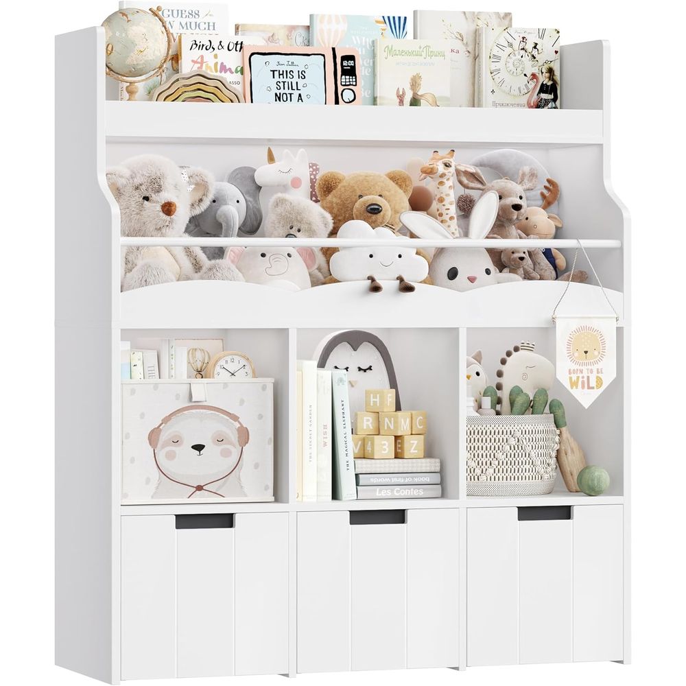 Kids Storage Toys - ที่เก็บของเล่นเด็กพร้อมชั้นวางหนังสือ, ชั้นวางหนังสืออเนกประสงค์พร้อมที่เก็บของเล่นแบบเคลื่อนย้ายได้ 3 ชิ้นสำหรับห้องเด็ก, ตู้หนังสือเด็ก