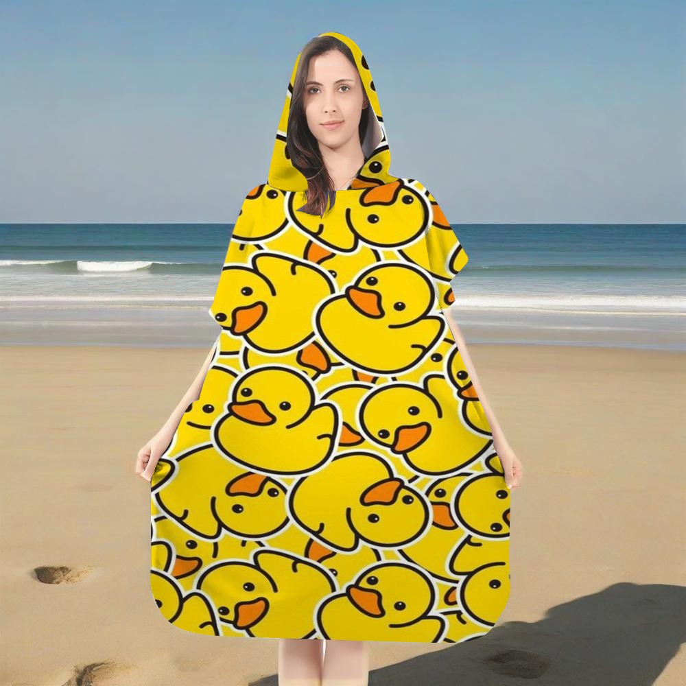 Rubber Duck Bath - ผ้าขนหนูชายหาดมีฮู้ดลายเป็ดยางสีเหลืองน่ารัก, ผ้าคลุมอาบน้ำไมโครไฟเบอร์แห้งเร็วสำหรับผู้ใหญ่และเด็ก, เสื้อคลุมกันน้ำลายเป็ดตลกๆ