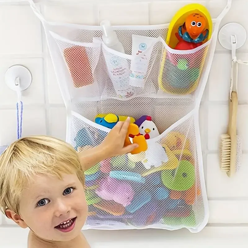 Kids Storage Toys - ถุงตาข่ายเก็บของเล่นเด็กในห้องน้ำ แบบแขวน ติดผนัง สำหรับเก็บของเล่นอาบน้ำเด็ก สีขาว