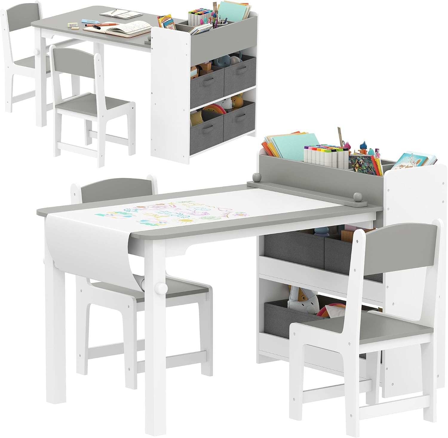 Kids Art Easel - ชุดโต๊ะศิลปะสำหรับเด็กพร้อมขาตั้งวาดภาพและเก้าอี้ พร้อมม้วนกระดาษ ชุดโต๊ะและเก้าอี้สำหรับเด็กเล็กพร้อมชั้นวางของและลิ้นชัก โต๊ะกิจกรรม งานฝีมือ และโต๊ะเล่นสำหรับเขียนและวาดภาพ