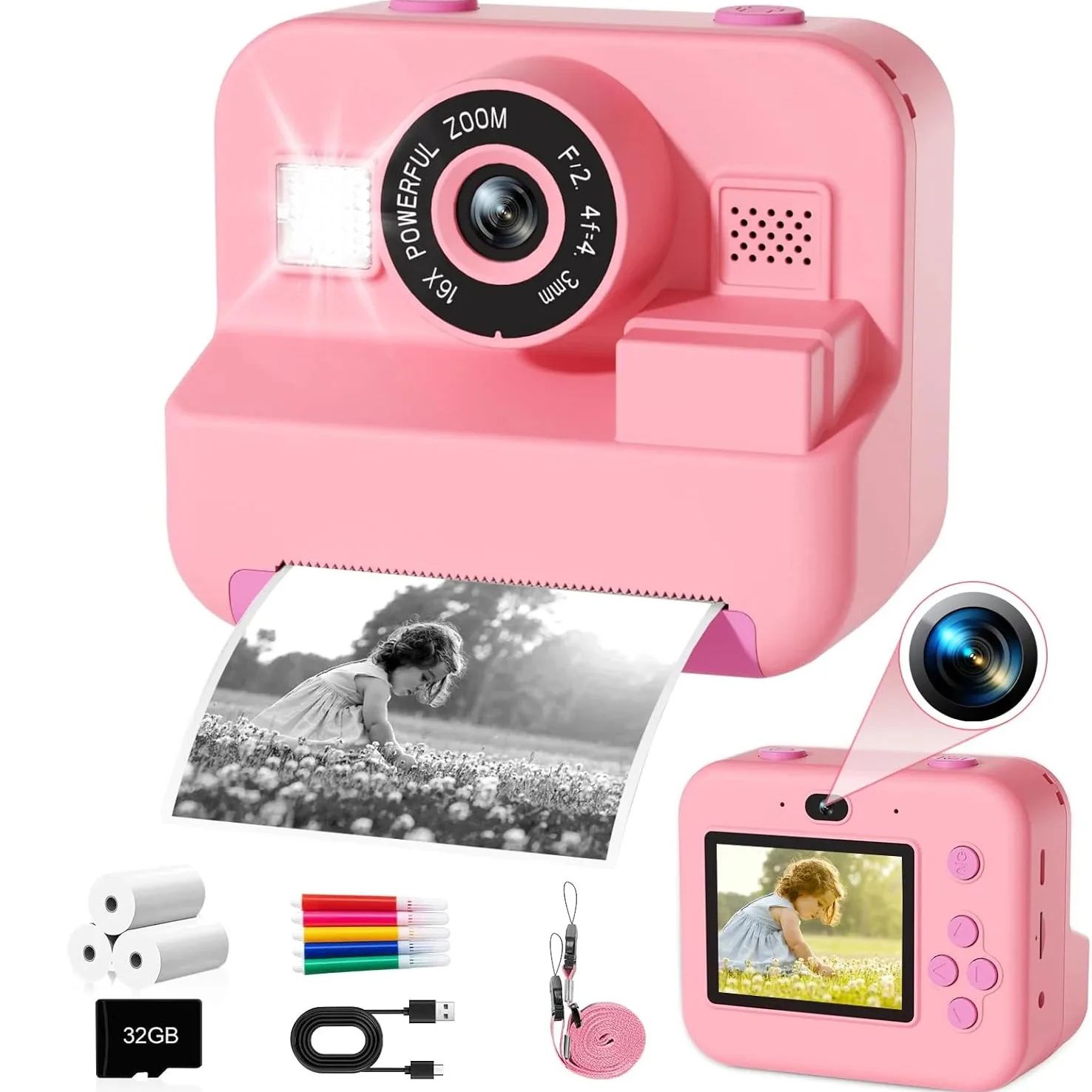 Kids Toys Top View - newInstant พิมพ์กล้อง 32G การ์ดการพิมพ์ภาพความร้อนเด็กดิจิตอลกล้องถ่ายภาพวิดีโอการศึกษาของเล่นเด็กของขวัญ